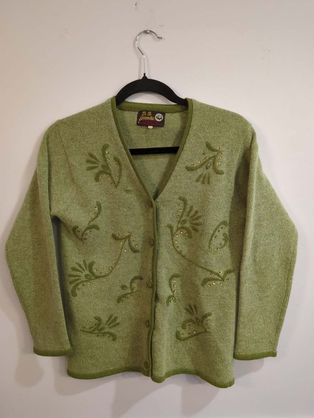 Panda Vintage Green Angora Lambswool Embroidered Sequin Cardigan Sweater size 34